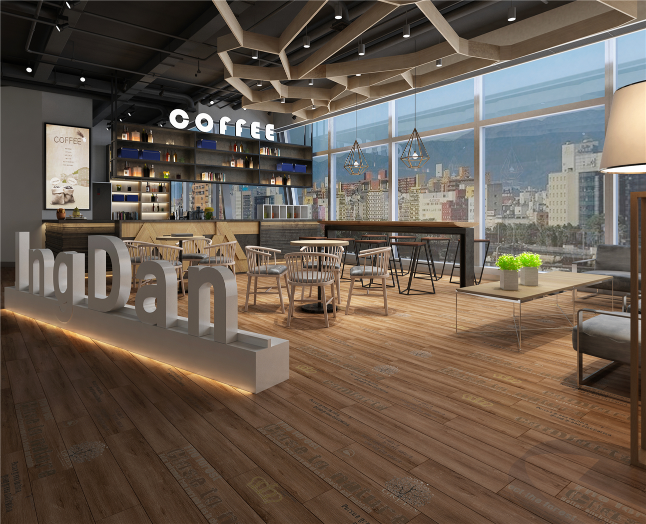 北美橡木（棕黄）木纹地板砖ICGS915014咖啡厅商用空间效果图