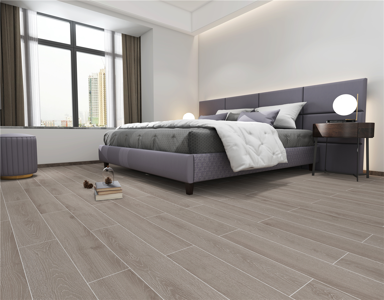 欧洲白橡（卡其灰）木纹砖ICGS915016卧室空间效果图