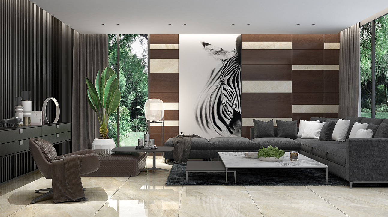 大理石瓷砖卡曼灰IPGS90069客厅空间效果图